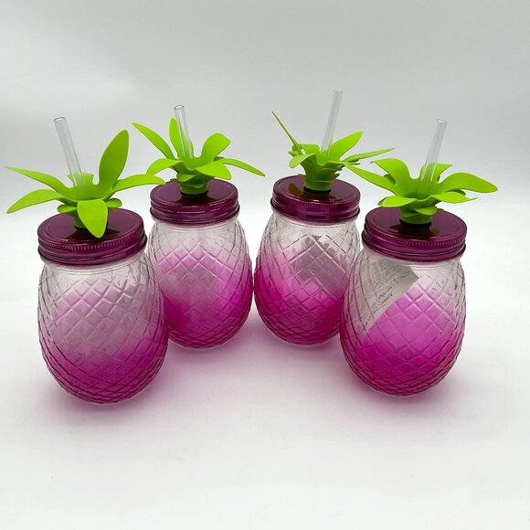 Galvanized 11in Dia Metal Serving Tray 4 Pink Pineapple Mason Jars Set NWT - Picture 5 of 9